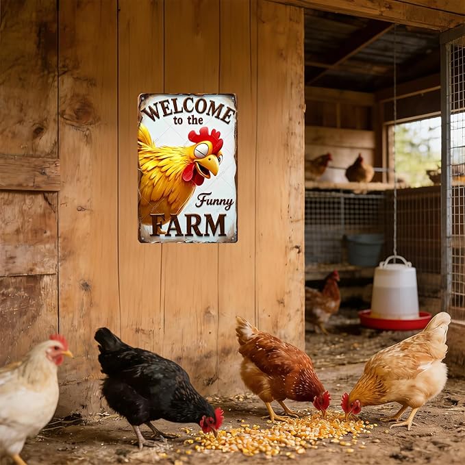 Funny Sign Rooster Decor Welcome To The Funny Farm Rustic Tin Sign for Home Farm Chicken Coop Decor 12x8 Inch