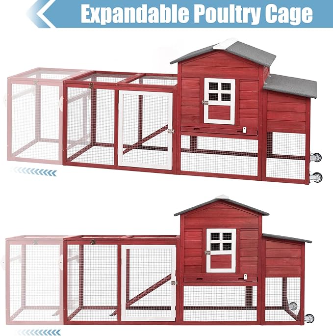 PetsCosset 79" Wooden Chicken Coop Rabbit Cage with Nesting Box, Waterproof Roof, Removable Tray, Combinable