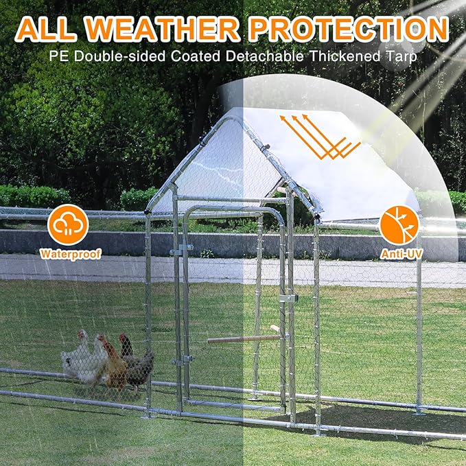 Chicken Coop Large Metal Chicken House/Pen for 15-20 Chickens, Outdoor Walk-in Poultry Cage Spire Shape for Ducks, Rabbits, Dogs Etc, Silver (196.85" L x 39.37" W x 59" H)