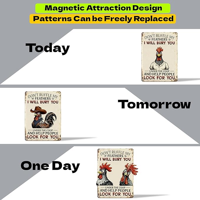 Funny DIY Magnetic Attraction Design,Vintage Chicken Decor Metal Sign, Funny Farmhouse Kitchen Wall Art, Unique Home Decor Gifts for Women, Farmhouse Style Enthusiasts, Retro Chicken Coop Accessories,8*12 Inch (Beige)