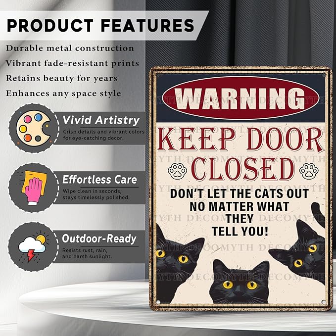 Retro Black Cat Metal Tin Sign Keep Door Closed Sign Funny for Home House Farmhouse Fence House Wall Gate 12 * 16inch