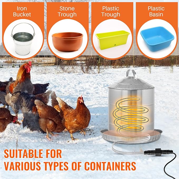 Chicken Water Heater, 60W 13FT Heated Poultry Waterer Cord for Winter, Freeze Proof Heated Waterer for Chicken Duck Geese, Stainless Steel Bird Bath Water Heater for Outdoor Buckets & Troughs