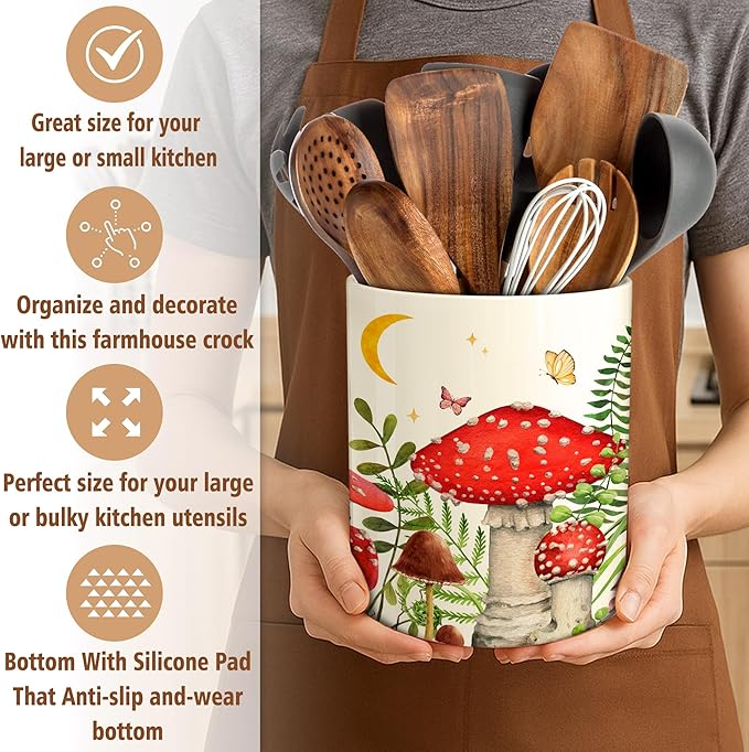 Hexagram Mushroom Decor Utensil Holder, Mushroom Kitchen Decor Ceramic Utensil Holder for Farmhouse Indoor Kitchen Decorations Rustic Farmhouse