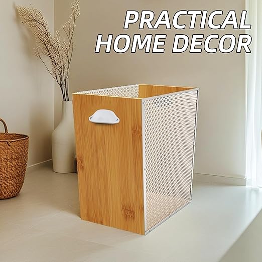 2 Gallon Bamboo-Wooden Trash Can - Rustic Office Waste Paper Basket - Decorative Garbage Bin for Bedroom, Bathroom, Kitchen, Living Room