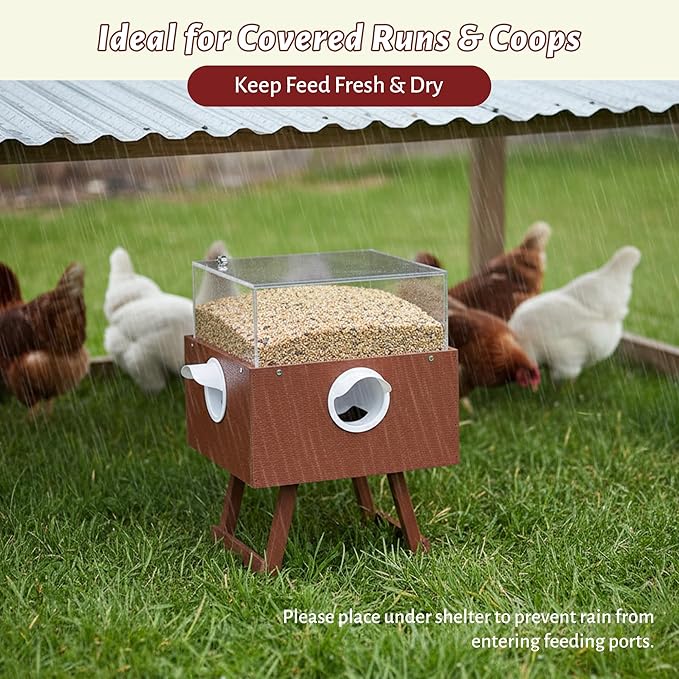 KOL No-Waste Chicken Feeder, 17LB Poultry Feeder with 4 Anti-Spill Ports, Clear-View HIPS & Acrylic Design, Foldable Stand for Hens and Chicks – Automatic Gravity-Flow Feeder