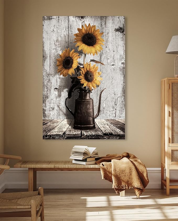 Sunflower Paintings Farmhouse Wall Art: Yellow Sunflowers Canvas Wall Art for Kitchen,Large Floral Pictures Vintage Art Prints Rustic Country Wall Hanging Decor for Bedroom Bathroom 24x36 Inches