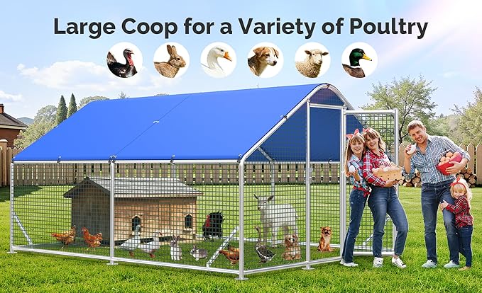 Large Metal Chicken Coop Run with Heavy-Duty Hardware Cloth for 20 Chickens/Ducks, Chicken Runs for Yard with Waterproof Cover, Chicken Enclosure Pen Outdoor, Walk-in Poultry Cage