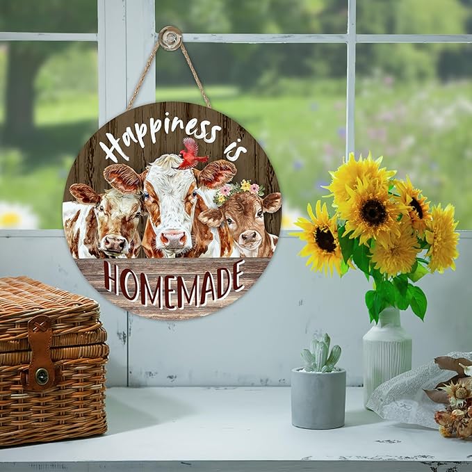 Vintage Farm Animals Cow Cardinal Front Door Sign, Retro Farmhouse Happiness is Homemade Barn Wood Plaque Hanger Outdoor Porch Home Decor, Rustic Country Wooden Wreath Wall Hanging Decoration