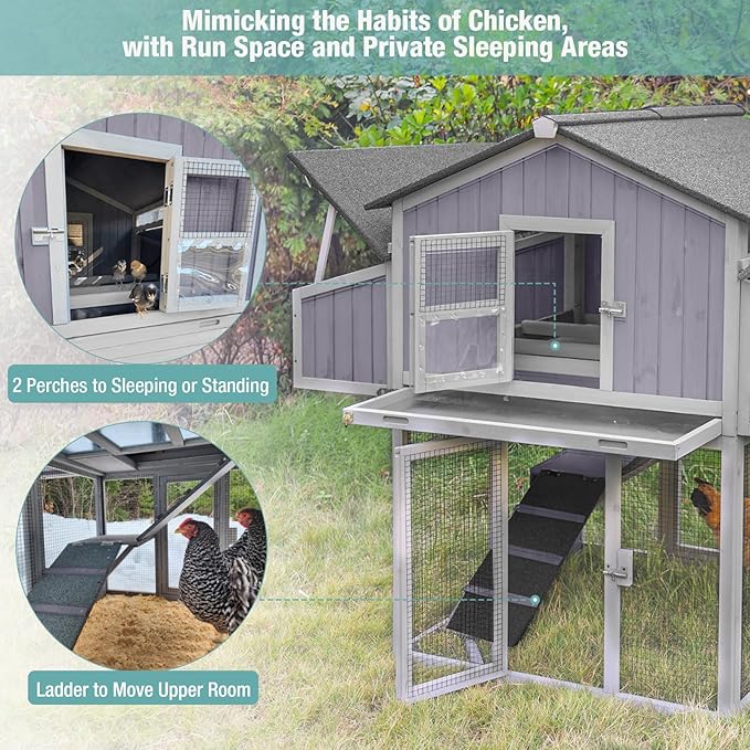 Chicken Coop Outdoor Super Easy to Assemble Large Hen House Wooden Poultry Cage with Nesting Box and Run (Grey)