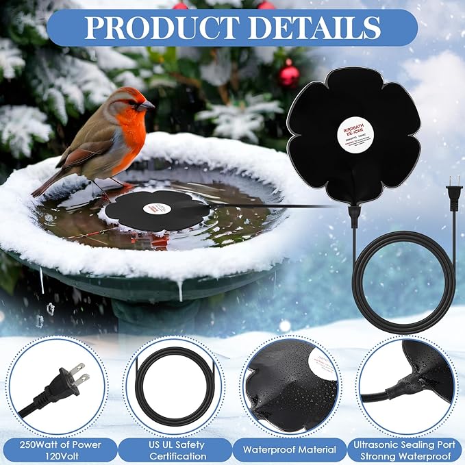 2 Pack 250W Bird Bath Heater De-icer, Thermostatically Controlled Birdbath Water Heater with 6.6 ft Cord, Outdoor Winter Heaters for Bird Bath, Chicken Waterer, Pond