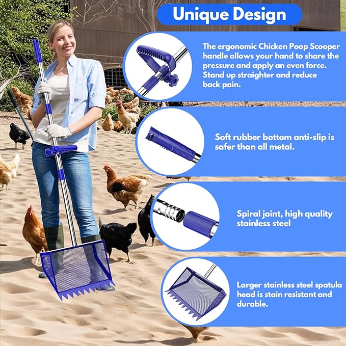 Chicken Poop Scooper & Rake 2-in-1,304 Stainless Steel Shovel Head, Chicken Litter Scoop with Handle for Chicken Coop & Pet Waste Cleaning, Litter Sifting Shovel (35 to 65") (Blue, 10inch)