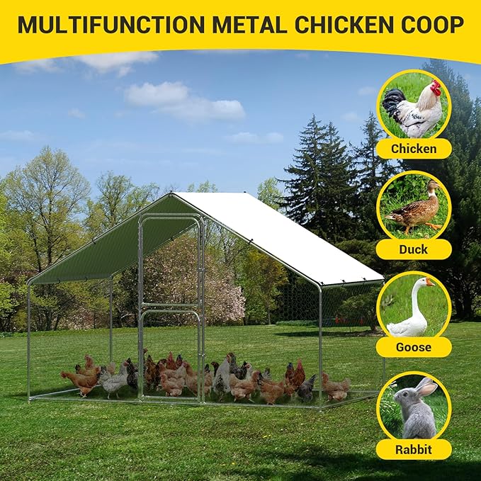 6.6FT Height Walk in Chicken Coop Metal, Outdoor Chicken Run with Split Door, Waterproof & UV Resistant Cover, Large Poultry Cage for Goose Rabbit, Duck Houses for Outside Yard Farm