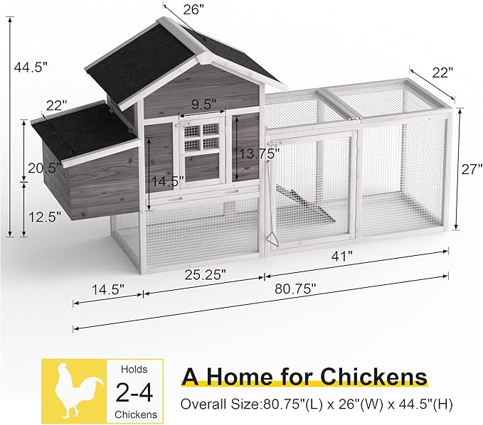 GOJOOASIS Chicken Coop for 2-4 Chickens Outdoor Grey Wooden Hen House Poultry Cage w/Wire Fence, Ramp, Nesting Box, Tray, Roosting Bar, 4 Access Areas (E)