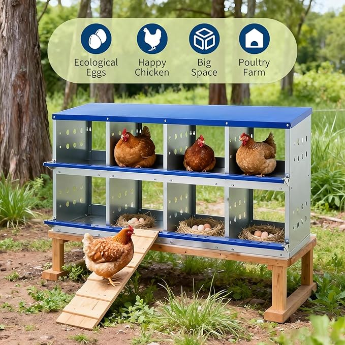 Metal Chicken Nesting Boxes - 8 Hole Wall-Mountable Laying Boxes with Roll-Away Egg Collection, Weatherproof Galvanized Steel, for Chicken Coop, Blue