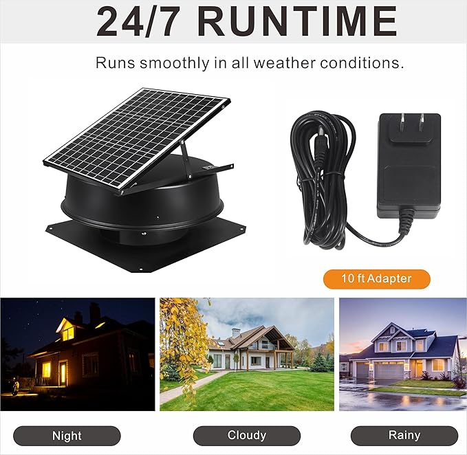 Solar Attic Fan, 40 W, 1600 CFM Large Air Flow Solar Roof Vent Fan, Low Noise and Weatherproof with 110V Smart Adapter, Ideal for Home, Greenhouse, Garage, Shop, RV, Workshop etc.