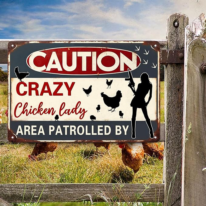 Caution Area Patrolled By Chicken Lady Metal Tin Sign Funny Farm Yard Fence Chicken Coop Caution Sign Outdoor Decor Lovers Gag Gifts 8x12 Inch
