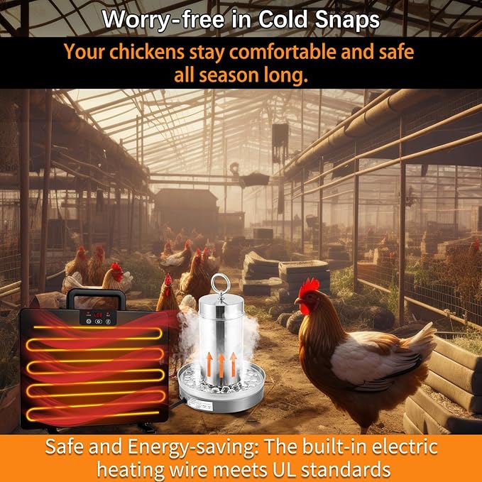 2 in 1 Winter Chicken Coop Heating Kit with Smart Thermostat, 15.7" x 12" 200W Adjustable Coop Heater for 20 Chicks & 75W Heated Waterer, 3 Temp Settings & 5 Timer Modes, Energy Efficient for Chickens