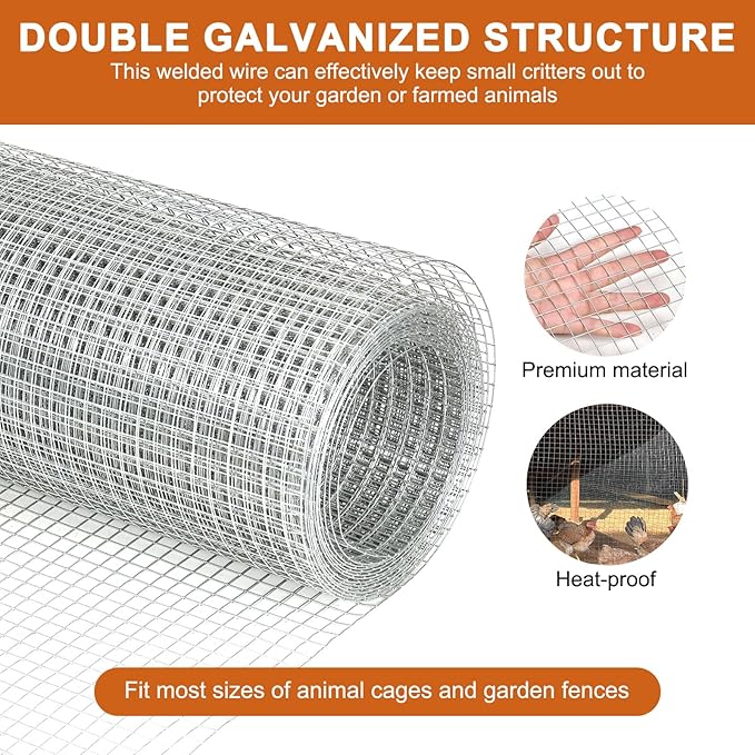 Hardware Cloth, 1/2 inch 24inx50ft 21GA Hot-dip Galvanized Wire Mesh, Wire Fence, Chicken Wire Mesh,Poultry Farming, Garden Fence,Wire Mesh, Tree Protection, Gopher Wire, Rabbit Wire.