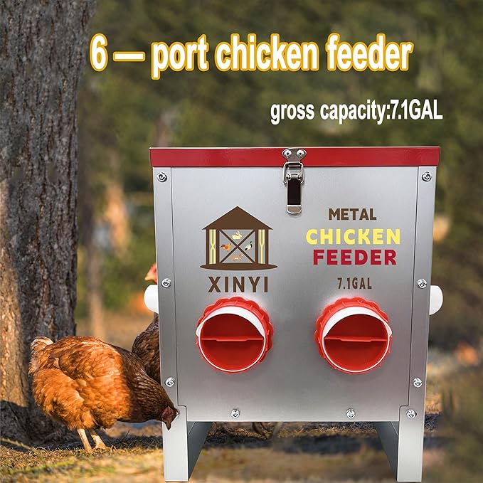 XINYI 7.1 Gallon Auto Chicken Feeder, 6 Ports Galvanized Chicken Feeder,Large Chicken Food Container No Waste & Rodent Proof Chicken Food Dispenser System, Weatherproof Duck Feeder