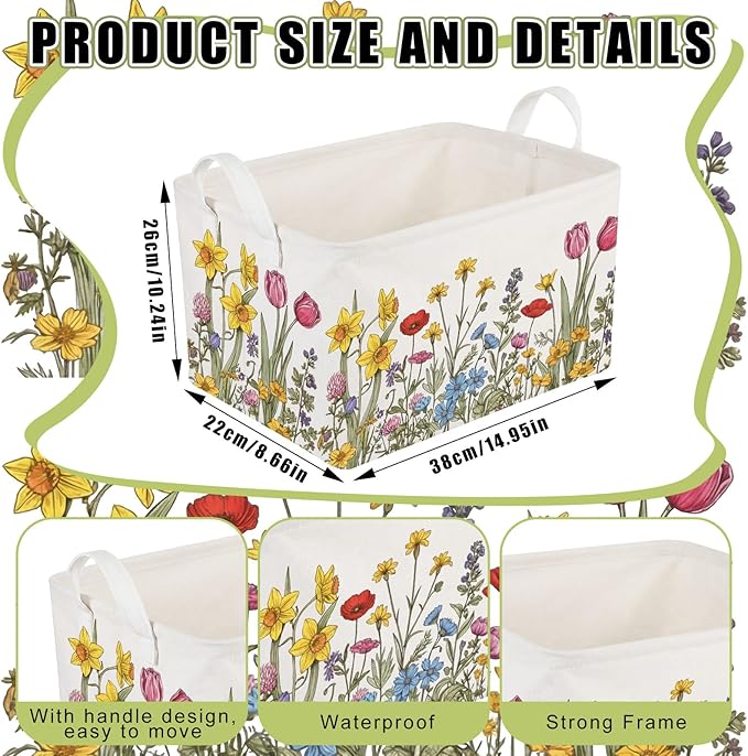 CHENGU 6 Pack Spring Floral Storage Bins Collapsible Wildflower Baskets with Handles Large Multicolored Flower Basket Farmhouse Foldable Organizers Rustic Home Decor for Bedroom Office Home