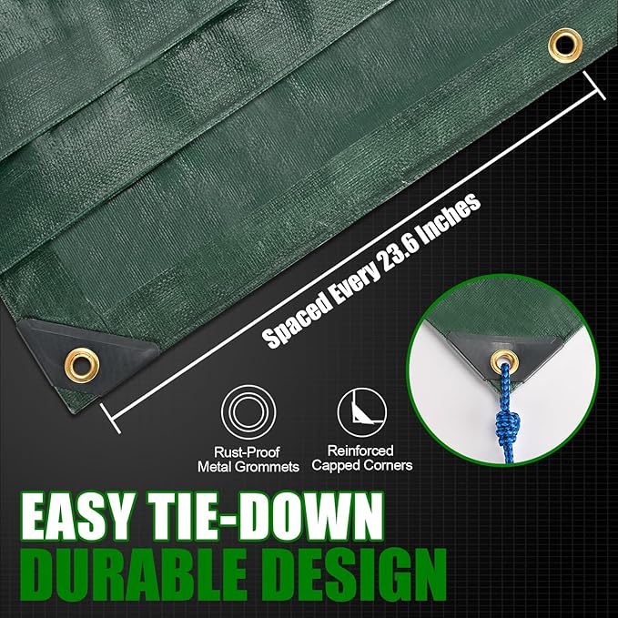 Sunvigor Tarp Waterproof 12x16Ft, Extra Thick 14 Mil Heavy Duty Tarp Cover, Tear & Fade Resistant, Outdoor Tarps with Brass Grommets and Reinforced Edges for Roof, Camping, Patio, Boat (Green)