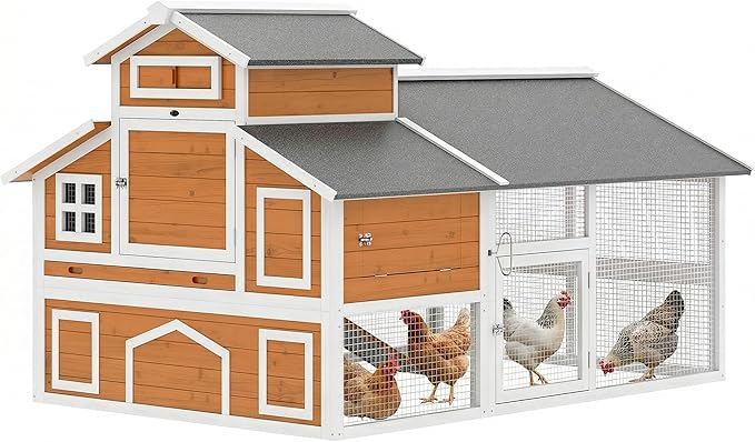 PawHut 79" L Chicken Coop for 6 Chickens, Outdoor Wooden Hen House Poultry Cage with Run, 2 Nesting Boxes, Slide-Out Tray, Waterproof Asphalt Roof, Sliding Rod Door and Roosting Bar, Orange