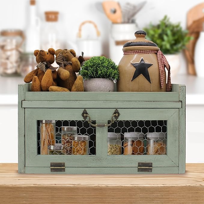 Farmhouse Countertop Storage Organizer, Rustic Wood Kitchen Cabinet with Chicken Wire, Kitchen Pantry Display Shelf, Country Vintage Style. Distress Teal