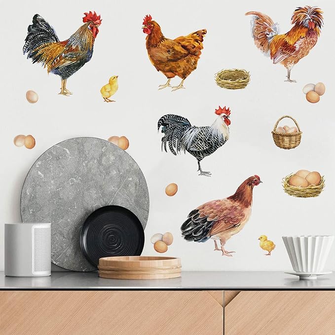 Mfault Farm Chicken Roosters Wall Decals Stickers, Farmhouse Dutch Bantam Rooster Cornish Hen Decorations Bedroom Art, Chicks Eggs Home Dining Room Kitchen Decor