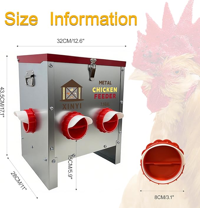 XINYI 7.1 Gallon Auto Chicken Feeder, 6 Ports Galvanized Chicken Feeder,Large Chicken Food Container No Waste & Rodent Proof Chicken Food Dispenser System, Weatherproof Duck Feeder