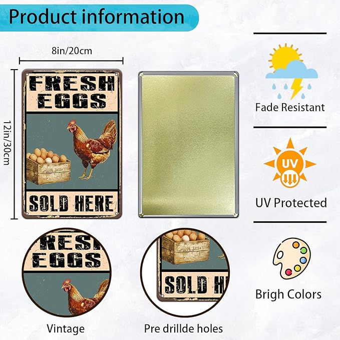 Rustic Farm Fresh Eggs Sold Here Tin Signs Vintage Country Chicken Hen Rooster Egg Metal Sign Funny Chicken Coop Metal Poster 12x8 Inch