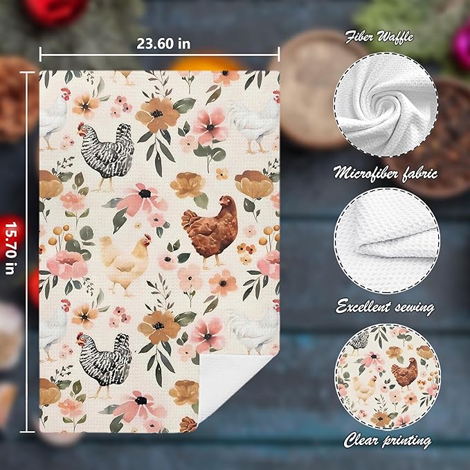 Chicken Kitchen Towels Set of 2,Chicken Gifts for Women, Chicken Mom Lady Gifts, Chicken Gifts for Chicken Lovers, Chicken Floral Hand Towels for Bathroom,16x24 Inch