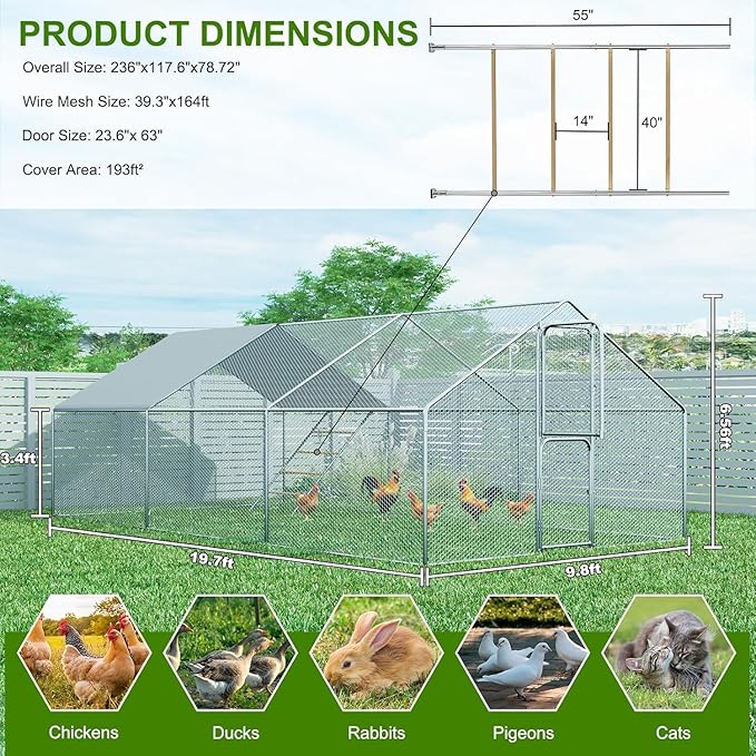 Amopatio Metal Large Chicken Coop 18.5x9.8x6 FT Walk in Chickens Run with Chicken Roosting Perch, Outdoor Chicken House with Security Lock and Split Door for Farm, Yard, Backyard