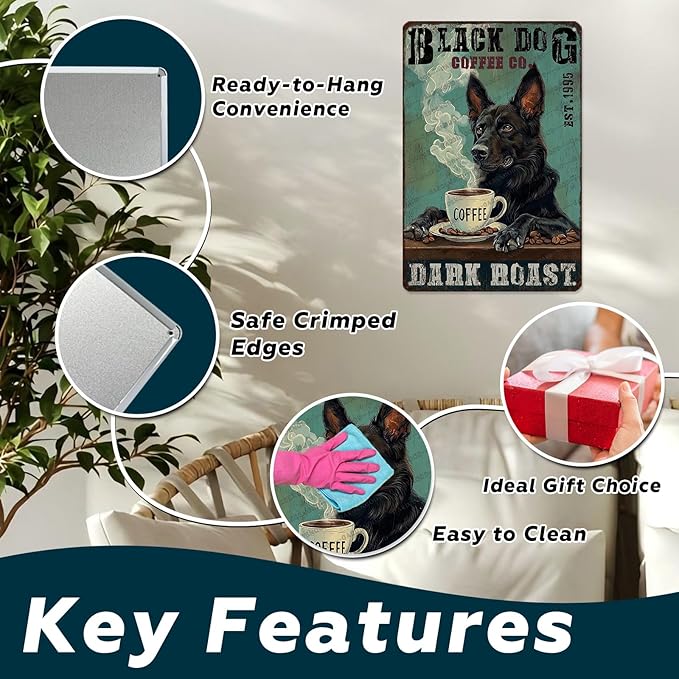 Vintage Black German Shepherd Dog Metal Sign Black German Shepherd Dog Coffee Novelty Metal Poster Home Cafe Kitchen & Bar Bathroom Aluminium Sign Art Wall Decor 12x8 Inch