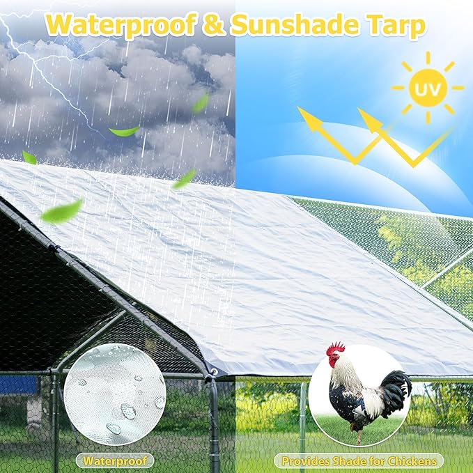 Large Metal Chicken Coop, Chicken Runs for Yard with Cover Walk-in Poultry Cage for 10 20 Chickens, Chicken Pen Duck Coop Hen House with Water-Resident Top and Feeding Door 19.2Lx9.84Wx6.6H FT