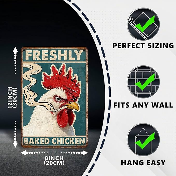Funny Chicken Metal Signs Rooster Kitchen Decor Freshly Baked Chicken Tin Signs Vintage Farmhouse Poster Rustic Wall Decor For Home Farm Cafe Bar Pub Man cave Living Room Office 12 * 8 In