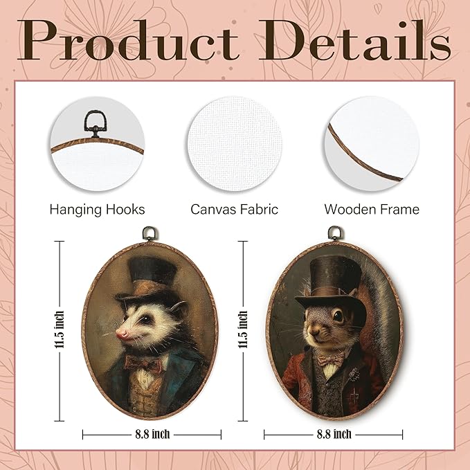 Hxlac Victorian Opossum Squirrel Oval Wall Art Framed Set of 2, Vintage Victorian Style Animal Oval Wall Decor, Autumn Squirrel Hanging Canvas Prints Wall Sculptures for Home Room Decor, 8.5x11.5 Inch