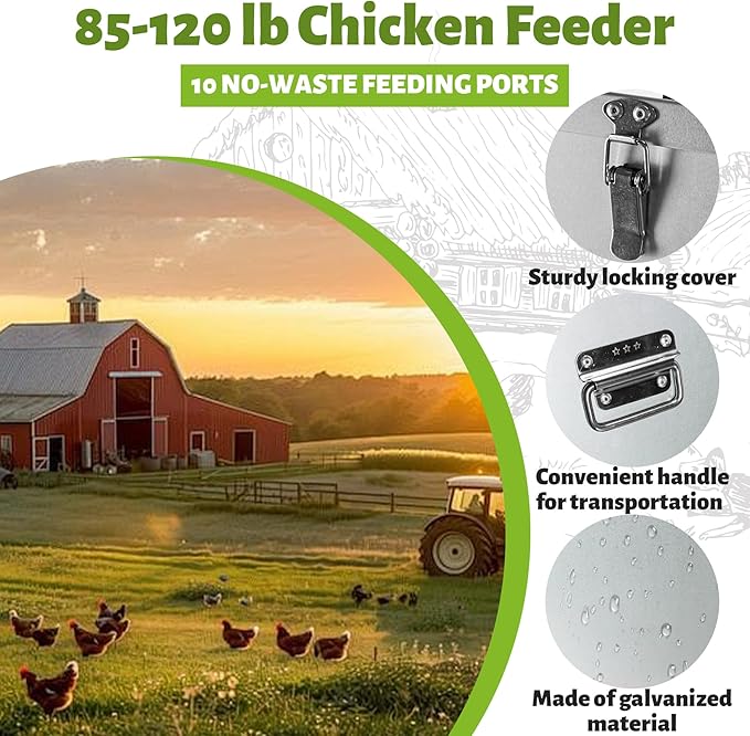 85-120LB Large Automatic Chicken Feeder Galvanized Metal Chicken Feeders with 10 Feeding Ports No Waste Outdoor Poultry Feeder with Handle and Locking Lid for Chickens and Ducks