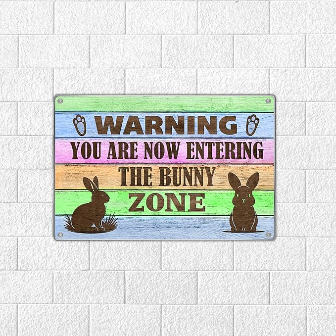 Warning Bunny Zone Metal Sign Funny Rabbit Decor For Lovers And Pet Owners Farmhouse Wall Decoration Easter Accent 12 x 8 Inch Indoor Aluminum Home Vintage Kitchen Art