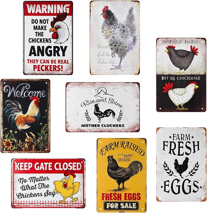 8 Pack Chicken Coop Accessories - Funny Chicken Signs and Metal Plaque Signs for Outdoor, 8x12 Inch