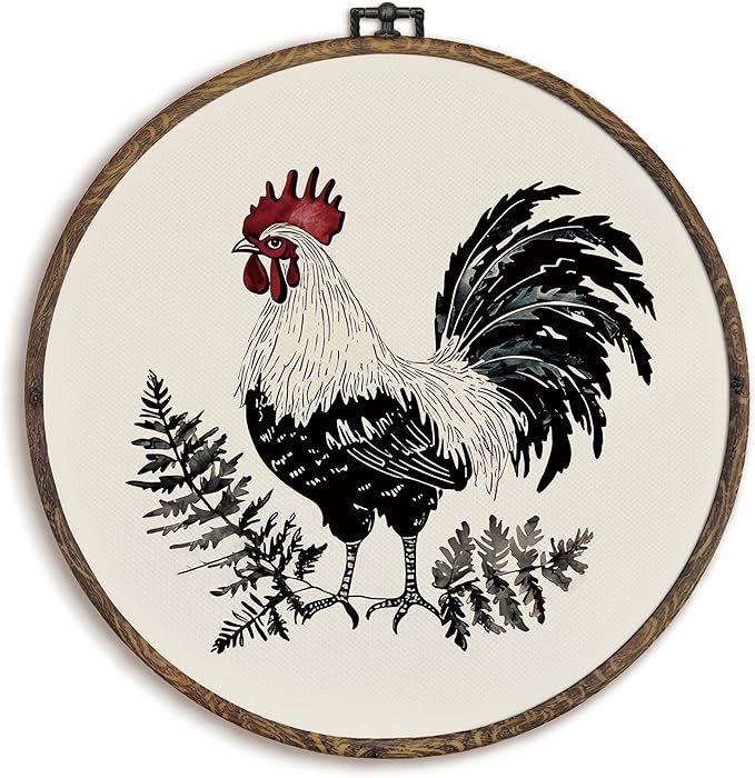 KFXHANGD Farmhouse Chicken Round Wall Art Framed, Rooster Kitchen Decor, Rustic Rooster Canvas Wall Art Decor, Retro Chicken Hanging Wall Decor for Kitchen Bathroom, Chicken Lover Gifts, 10x10In