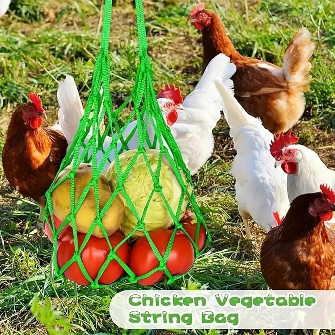 Chicken Vegetable String Bag,Poultry Fruit Holder, Pet Chicken Vegetable Hanging Feeder Treat Feeding Tool with Hook for Hens Chicken Coop Duck Large Birds