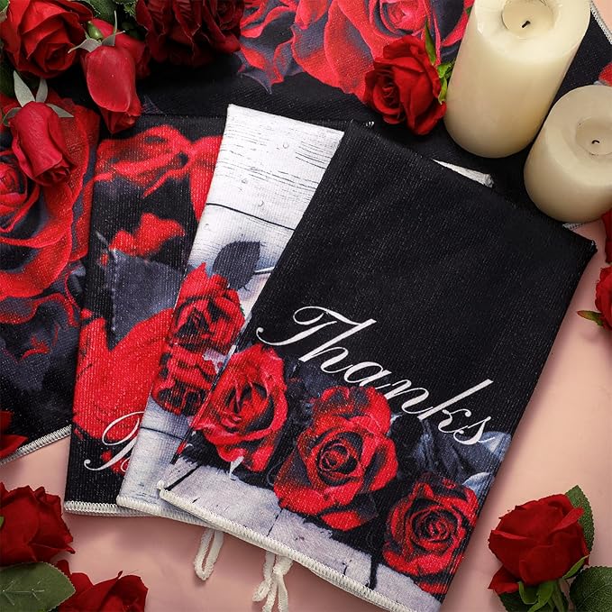 Geyoga 4 Pcs Chicken Kitchen Towels Rooster Dish Hand Towels Farm Animal Cow Vintage Rustic Tea Cloth for Spring Easter Bathroom Farmhouse Decor Gifts, 16 x 24 Inch(Red,Roses)