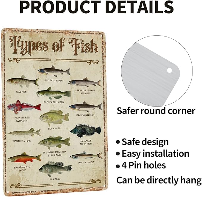 Fish Vintage Aluminum Sign Metal Types Of Fish Poster Wall Decor-Retro Fishing Decor Metal Tin Sign for Home Lake House Decor Bedroom Kitchen, Signs Gift,12''x 8''