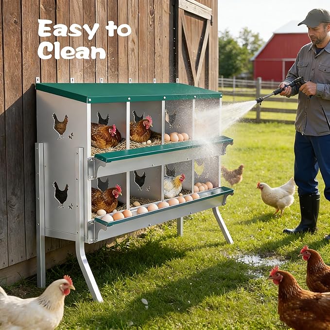 Chicken Nesting Box 10 Compartment with Legs 10 Pet Moisture Pads and 4 Fake Eggs Roll Away Egg Collection, Perch, Lid Cover for Egg Protection - Wall Mount Nest Box for Chickens, Hens, Ducks