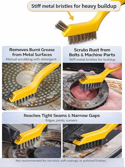 Wire Brush Set 3Pcs, Nylon/Brass/Stainless Steel Bristles with Curved Handle Grip for Cleaning with Curved Handle Grip for Rust Removal, Dirt, Paint Scrubbing Yellow