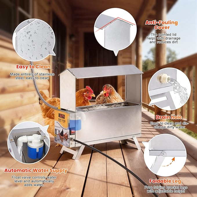 Heated Waterer for Chickens 2 Gallon Heated Chicken Waterer for Winter Chicken Water Heater with Adjustable Leg Anti-Freeze Poultry Duck Drinker Water Dispenser Heater Chicken Coop Accessories