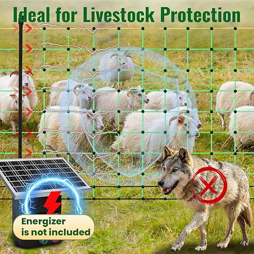 164'L x 49.6" H Electric Fence Netting, Electric Poultry Fence with 16 Posts 2 Spikes for Goats, Hogs and Cattle, Anti-Predator Electric Fencing, Movable Livestock Electrical Net in Farms and Ranches