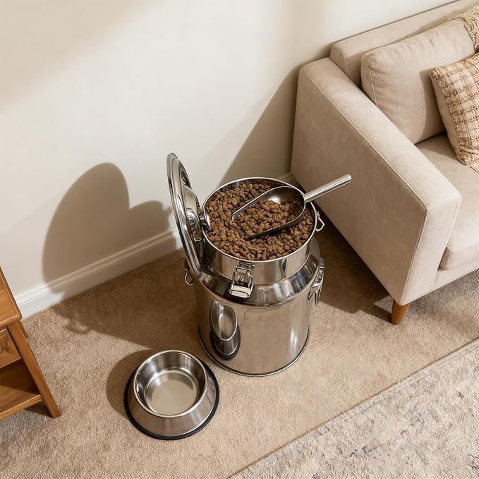 15 Lbs Stainless Steel Dog Food Storage Container with Scoop, Large Metal Dog Food Bin with Airtight Lid & Locking Clamp, Pet Treat Jars for Dogs & Cats, Keep Fresh, Easy to Clean