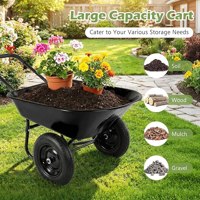 IRONMAX Dual-Wheel Wheelbarrow, Heavy Duty Wheel Barrel with All-Terrain Wheels, 330 LBS Utility Yard Cart with Built-in Stand, Outdoor Gardening Carts for Lawn, Farm, Planting (Black)