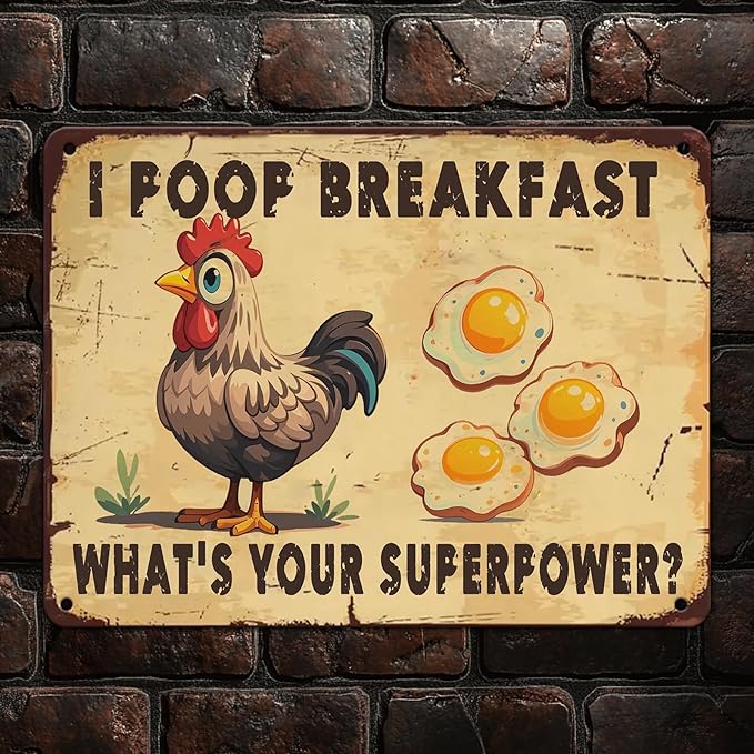 Farm Sign Chickens Pooping Breakfast Tin Sign Plaque Metal Poster 12x8 Inch Wall Decor